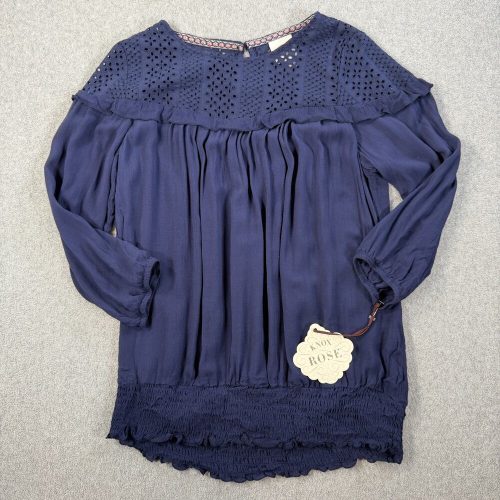 Knox Rose Women's Medium Navy Blue Eyelet Ruffle Blouse Top 3/4 Sleeve New